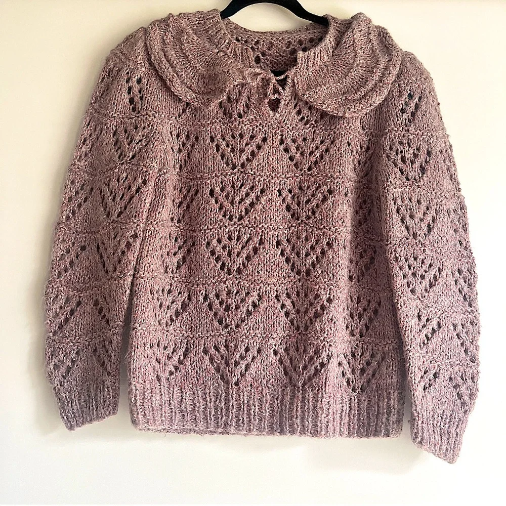 Handmade Crochet Sweater with Wide Rounded Peter Pan Collar in Pink - Picture 1 of 10